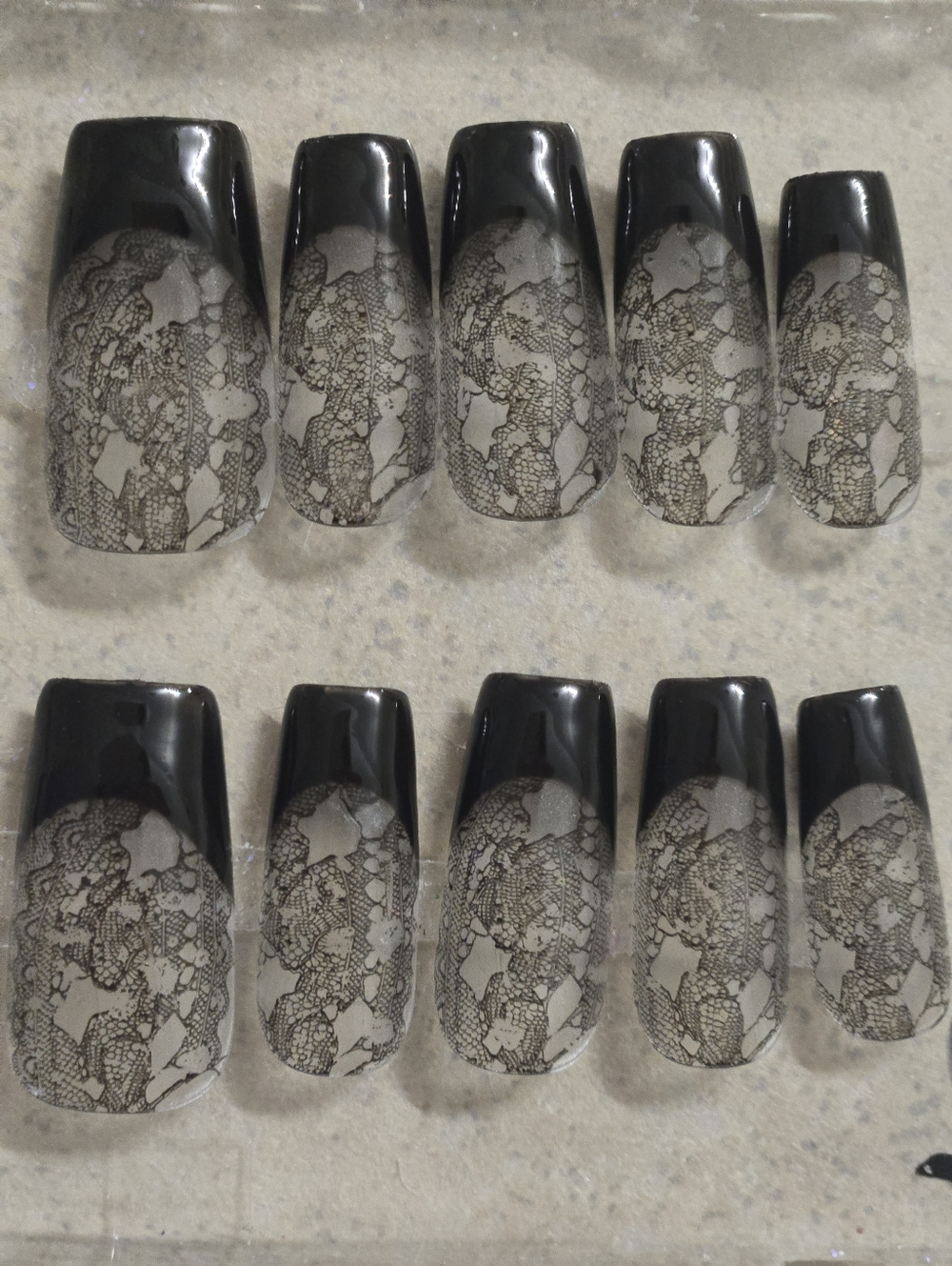 Black and Gray Lace Press-On Nail Set, Medium Length Square Shape